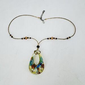Murano Glass Teardrop Pendant Beaded Necklace Gold Fleck Adjustable 21-22.5”
